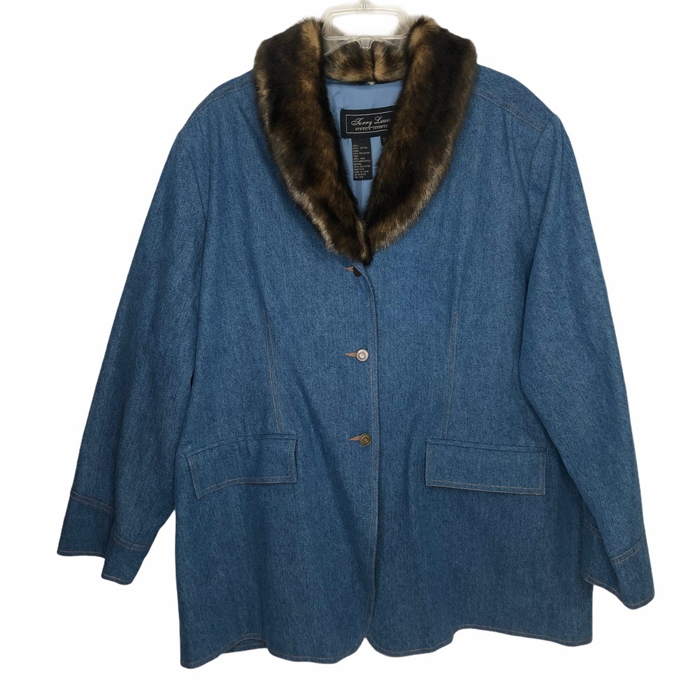 Terry Lewis Classic Lux Denim Jacket Detachable Faux Fur Collar Coat 2XL NWT